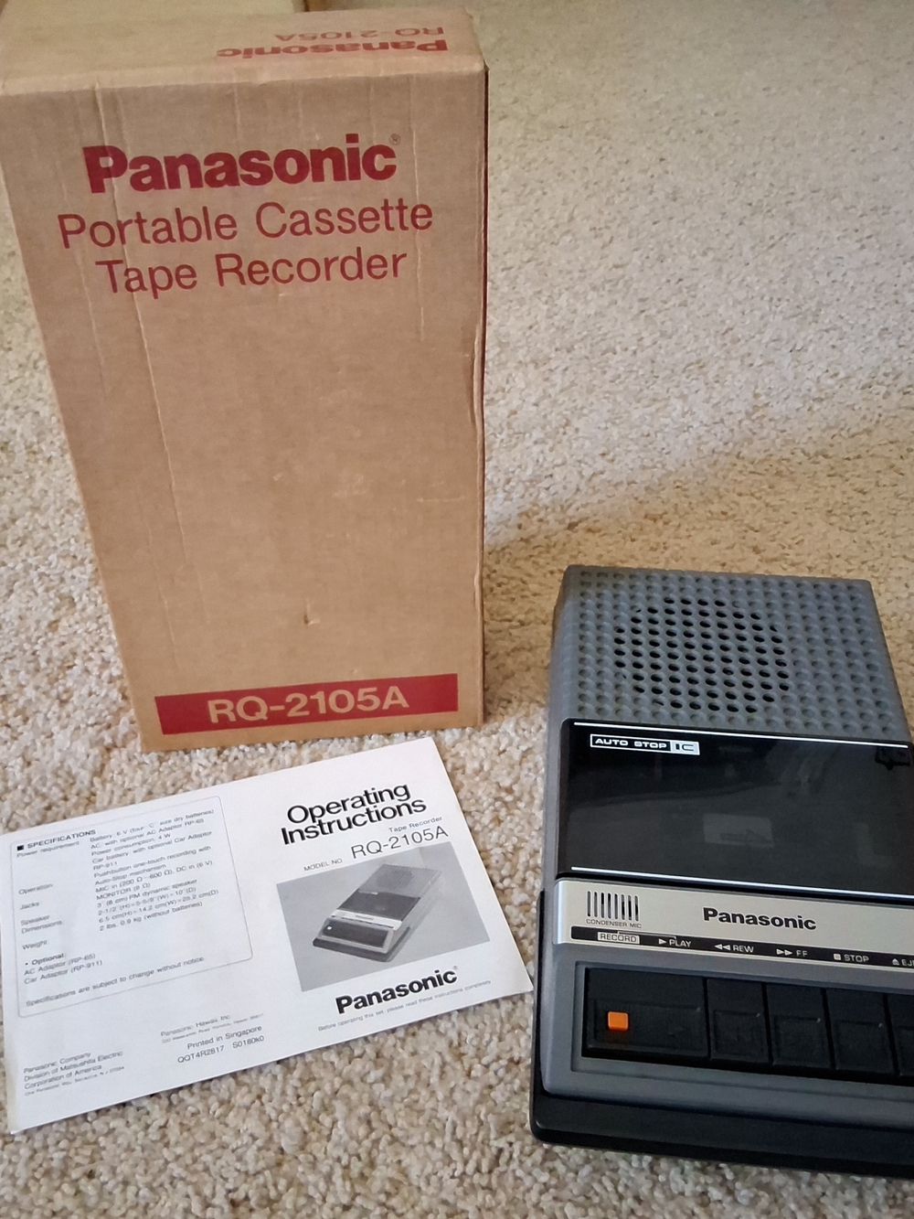 A) Vintage Panasonic RQ-2105A Portable Cassette Tape Recorder in Original Box